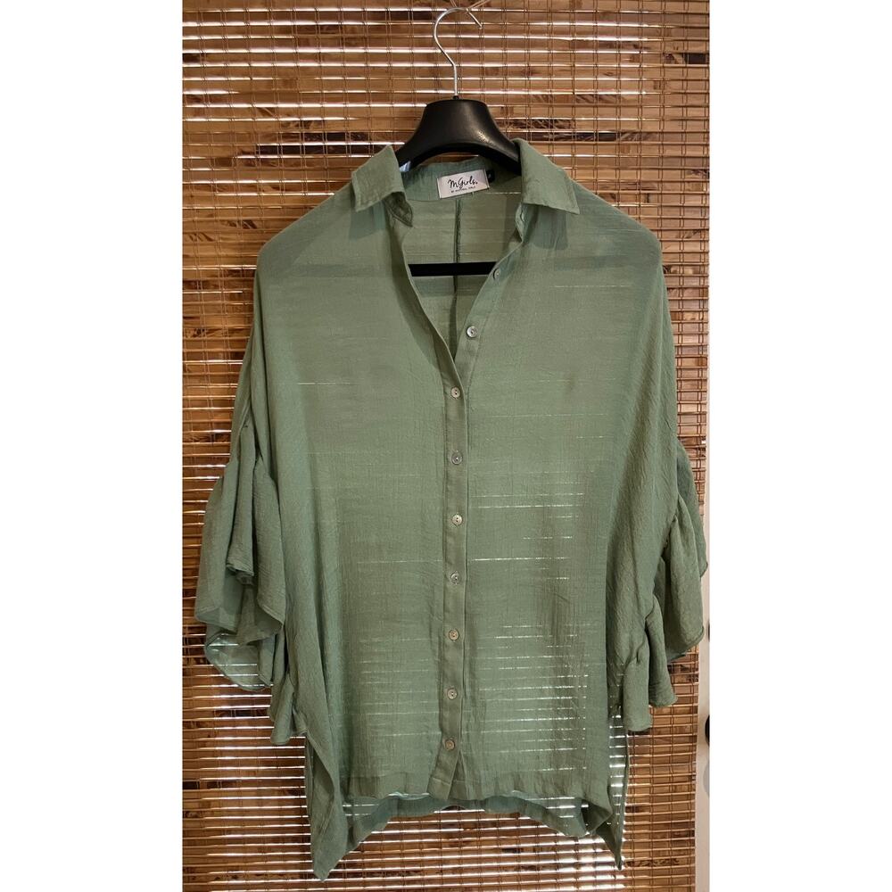 MY GIRLS by Material Girl Small Green Sheer Top Ruffle Sleeves Button Up Collar